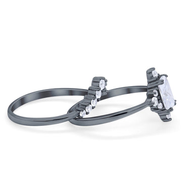 Art Deco Two Piece Wedding Ring Emerald Cut Black Tone, Simulated Cubic Zirconia 925 Sterling Silver